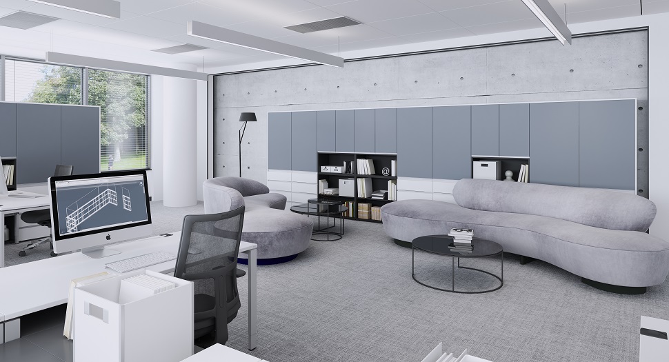 Offenes Büro mit OKA Puron Tischen und OKA ModulLine Schränken