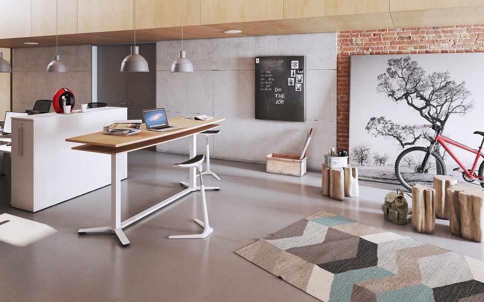 Coworking-Space mit OKA Connect MeetingPoint in Ahorndekor/weiß und weißem Container mit Frontauszug