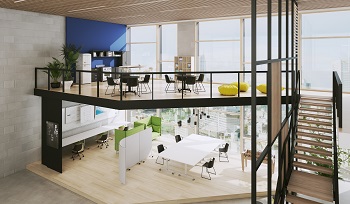 Offener Arbeits- und Pausenbereich zur Förderung der Interaktion mit OKA FlipOn Tischen, OKA Connect MeetingPoint und Sitzmöglichkeiten zum Entspannen