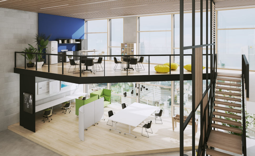 Offenes Büro mit OKA FlipOn-Teamarbeitsplätzen und Kickertisch sowie einer 2. Ebene mit Küche, runden OKA FlipOn Tischen, OKA Connect MeetingPoint und Sitzmöglichkeiten zum Entspannen