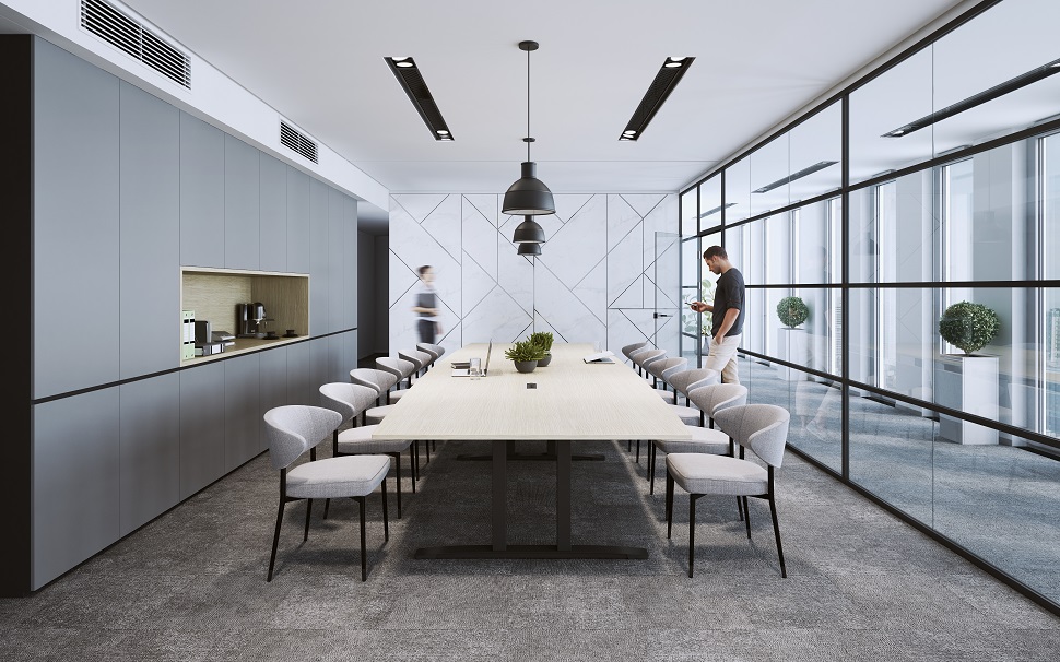 Stilvoll eingerichteter Meetingraum für eine bessere Meeting-Performance mit OKA Meeting Tisch (Tischplatte in Eiche Lindberg Dekor, Gestell in Tiefschwarz Feinstruktur)