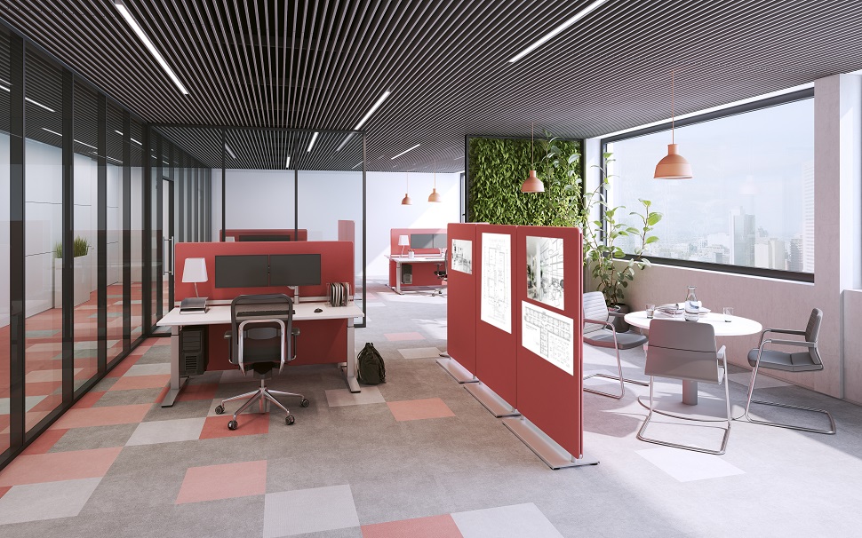 Verwendung von OKA SpaceLine mit mittiger Fußplatte als Zonierung, Schallschutzelement sowie Info- und Kreativboard