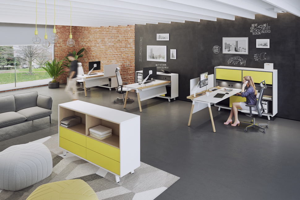 Mit Möbeln von OKA HomeLine lässt sich das entspannte Homeoffice-Gefühl ins Büro holen.