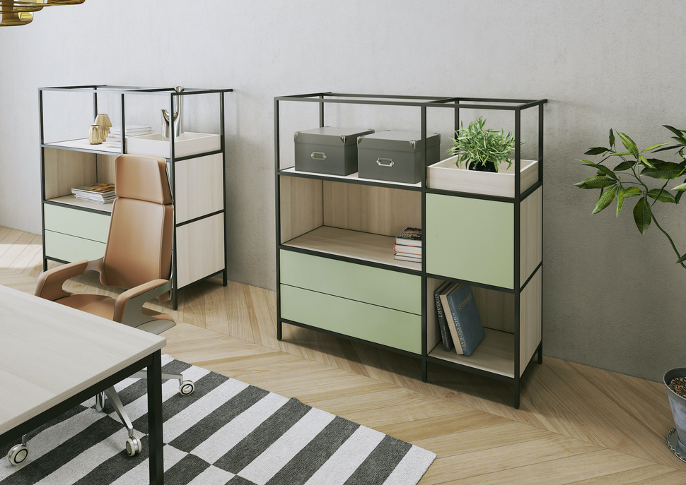 So geht Stauraum à la OKA FrameWork: Offene und geschlossene Ablagefächer bringen optische Ruhe und Stil ins Büro.