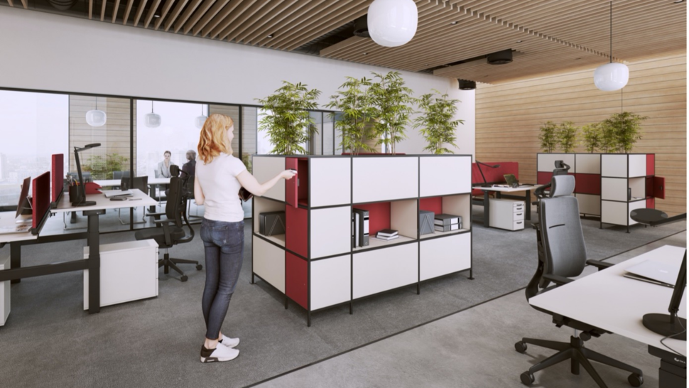 Bild: Regal FrameWork im Büro mit roten und weißen Fronten