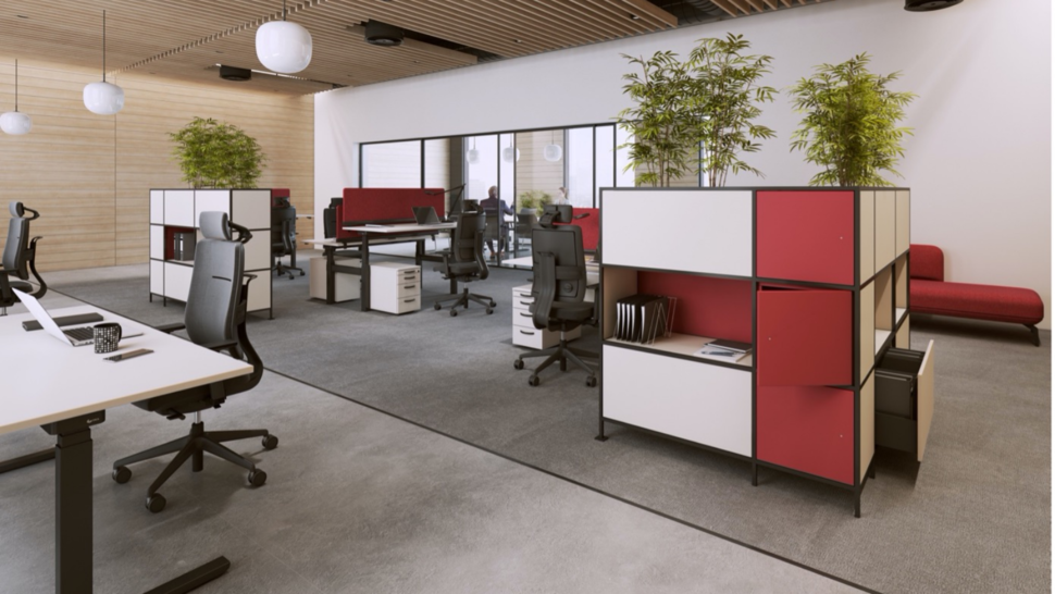 Bild: Regal FrameWork mit roten und weißen Fronten als Insel im Büro