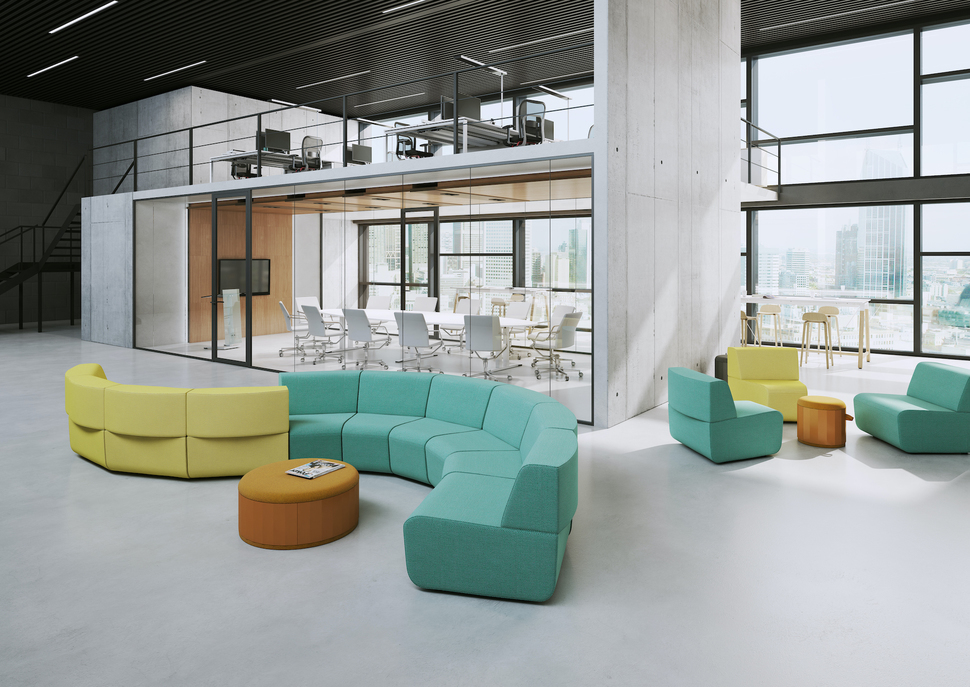 Die Büroeinrichtung ist immer auch eine Visitenkarte Ihres Unternehmens. Hier setzt das OKA MediaSofa bunte und einladende Akzente