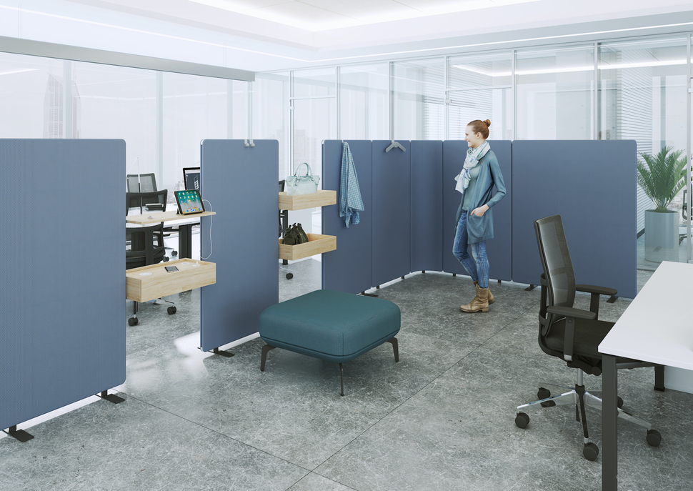 Dem gestiegenen Bedürfnis nach Ruheinseln und ungestörtem Arbeiten tragen mobile Schallschutzwände Rechnung, hier OKA SpaceLine Plus