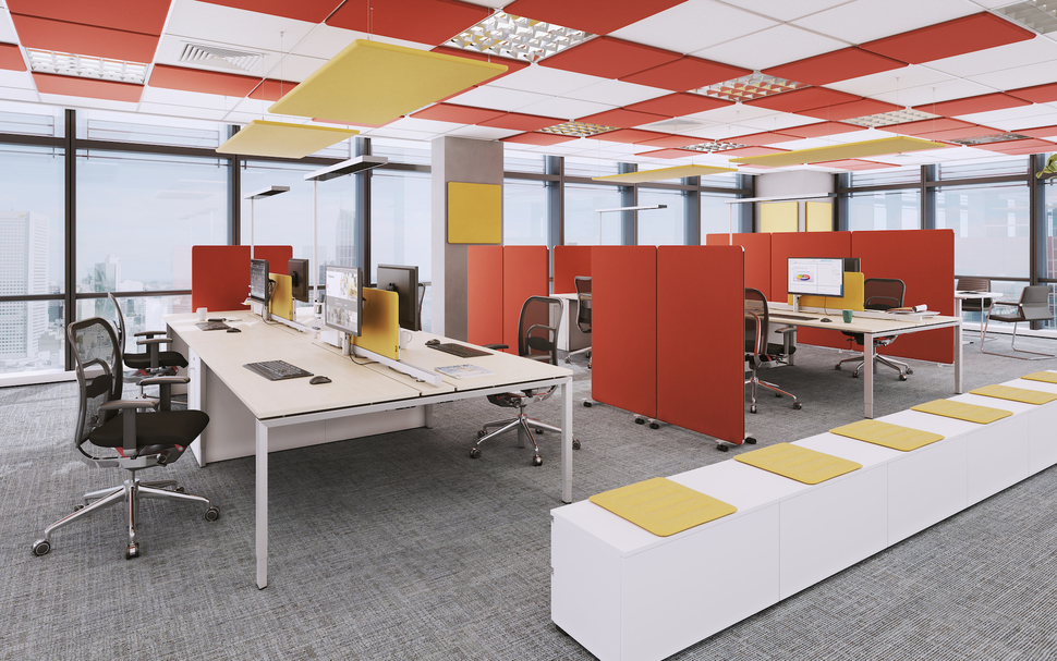 Sorgen für bessere Akustik und bringen Farbe in den Raum – Elemente der OKA SpaceAbsorber.