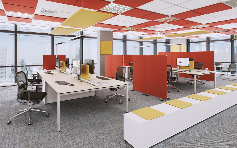 Akustische Elemente wie die die OKA SpaceAbsorber mindern Lärm und sorgen für eine konzentrierte Arbeitsatmosphäre