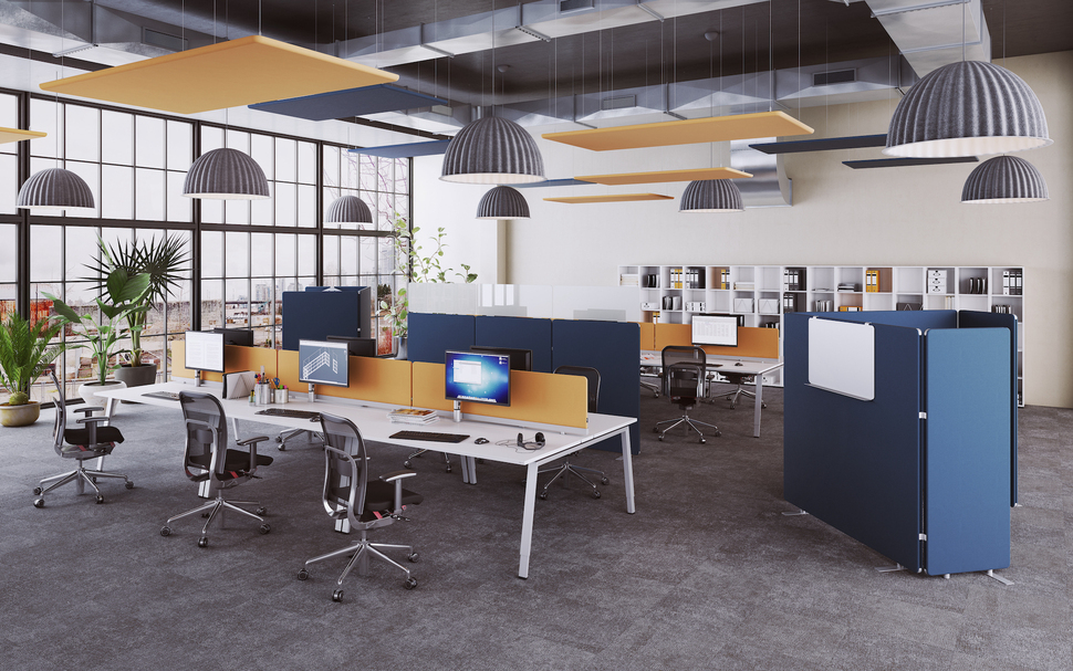 Flexibel positionierbare Schallschutzwände sind eine unkomplizierte Lösung für mehr Ruhe und Konzentration im Büro