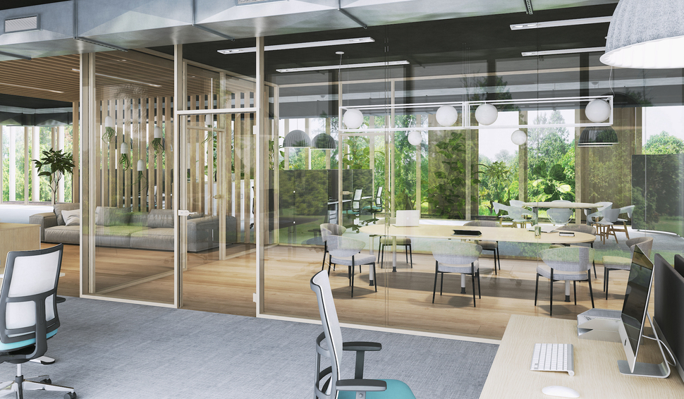 Einladende Räumlichkeiten, viel Glas und Grün, ruhige Meeting-Zonen: Das sind einige der Bürodesign-Trends 2024