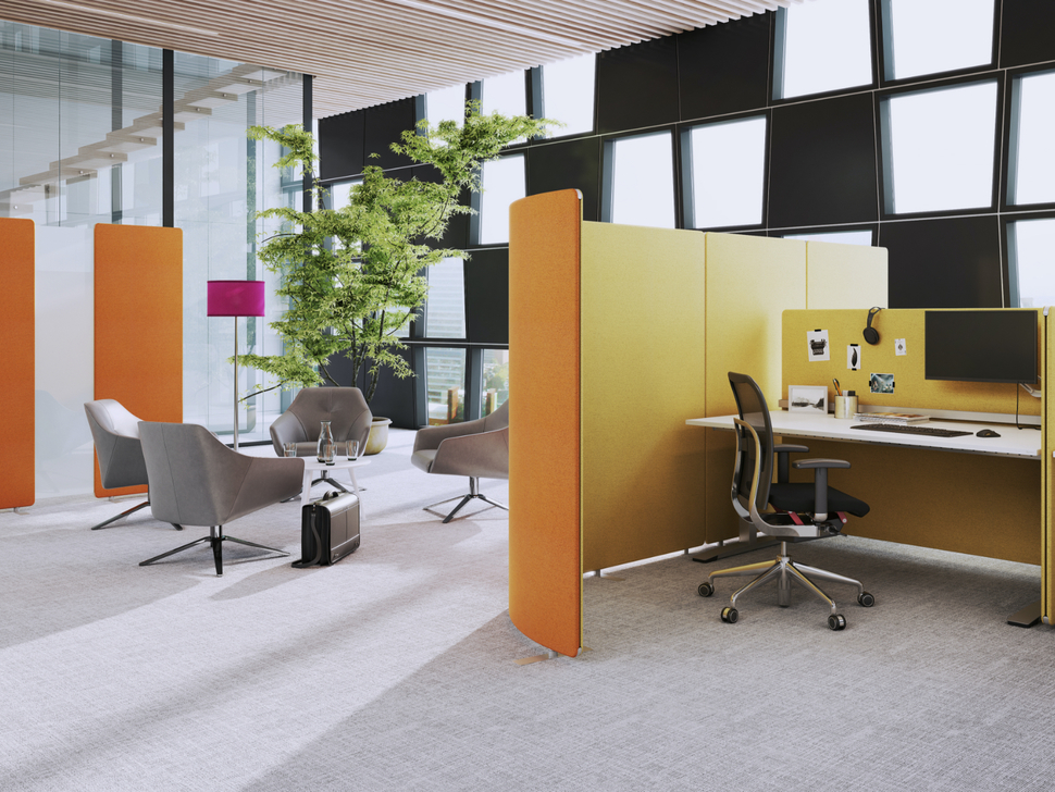 Trennwände von OKA SpaceLine sind flexibel einsetzbar, ohne Werkzeug montierbar und ein farbiger Hingucker.