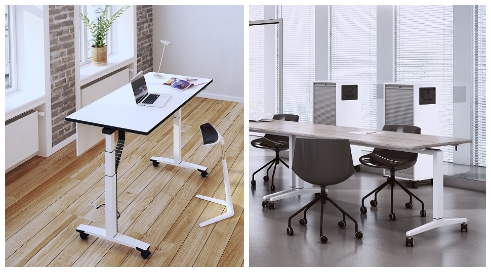 Elektromotorisch höhenverstellbarer Tisch OKA Jump 2.0 mit weißem Rundrohr T-Fuß-Gestell und Tischplatte in Kirschbaum Romana Dekor