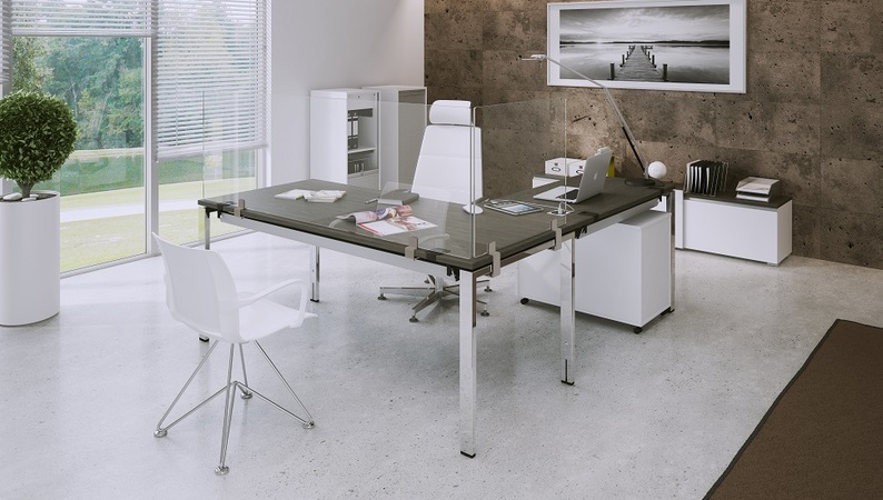 OKA Protect mit Tischhalterung in Edelstahl Metallic – Tischklemme an Tischplatte und Rahmengestell befestigt