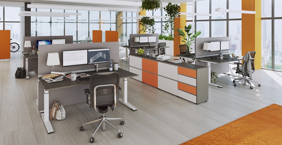 Table: OKA Jump (frame: pure white, table top: cobalt grey), OKA DeskTOP (fabric: Gabriel Rhythm 60165), OKA ModulLine (front: Coral orange/pearl white, body: cobalt grey), OKA SpaceLine (fabric: Gabriel AS 63034, partition: satin acrylic glass)
