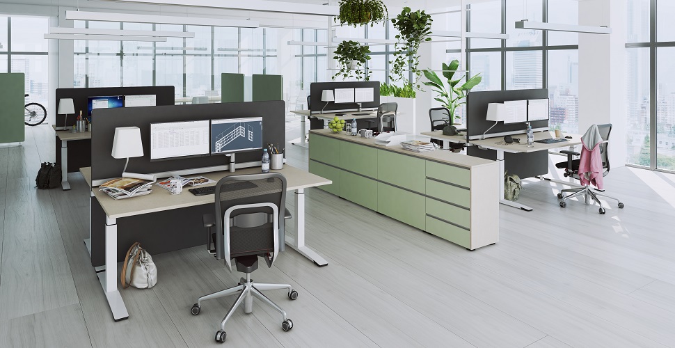 Desk: OKA Jump (frame: white, tabletop: linen decor), sideboard: OKA ModulLine (fronts: pistachio green, carcass: white), privacy and sound-proofing element: OKA DeskTOP (fabric: Gabriel 60025), partitions: OKA SpaceLine (fabric: Gabriel 68050)
