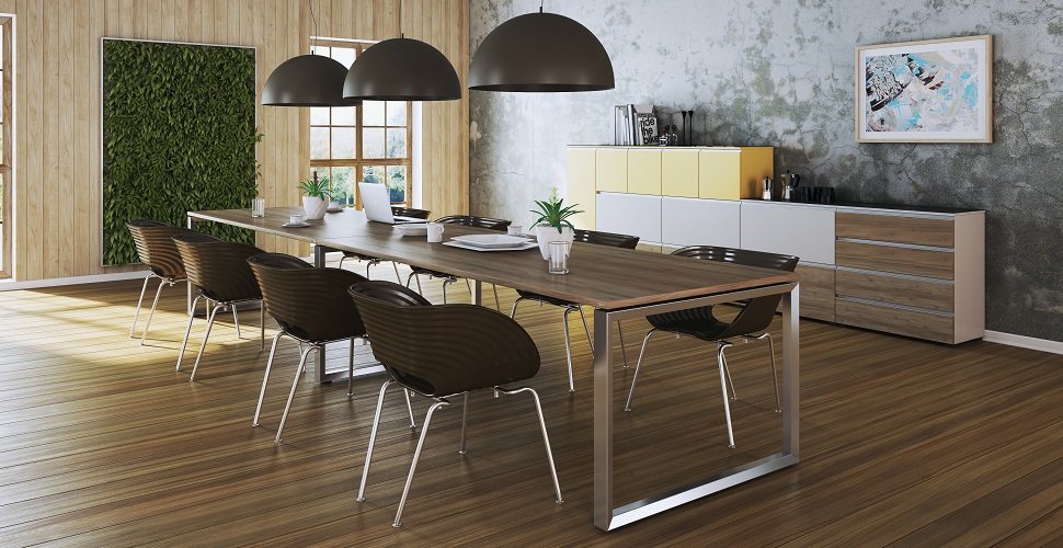 Table: OKA Trion (frame: stainless steel metallic, tabletop: walnut decor), OKA ModulLine (front: walnut decor/pebble grey/turmeric yellow, carcass: pebble gray/turmeric yellow)