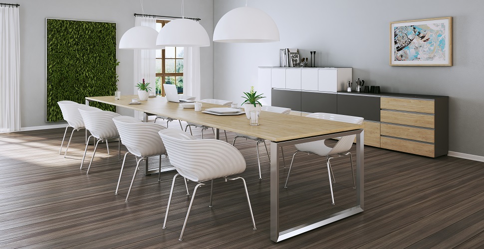 Desk: OKA Trion (frame: stainless steel metallic, tabletop: hickory decor), Sideboard: OKA ModulLine (front: hickory decor/cobalt gray/pearl white, body: cobalt gray/pearl white)