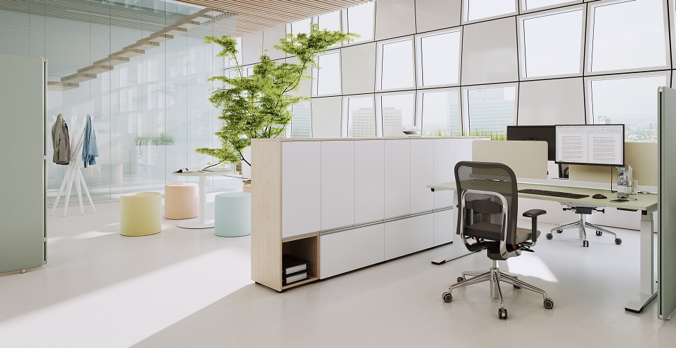 Table: OKA Jump (frame: pure white, table top: pistachio green), OKA DeskTOP  (fabric: Gabriel AS 61105), OKA ModulLine (front: pearl white, body: maple  decor light), OKA Center single-column table (frame: pure white, table top:  pistachio green), O