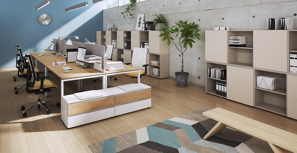 Table: OKA Trion (frame: pure white, table top: hickory decor), OKA DeskTOP  (fabric: Gabriel Rhythm 60165), OKA ModulLine (front: linen decor, carcass:  linen decor/pebble grey), OKA ModulLine register cabinets (front: hickory  decor/pearl white, ca